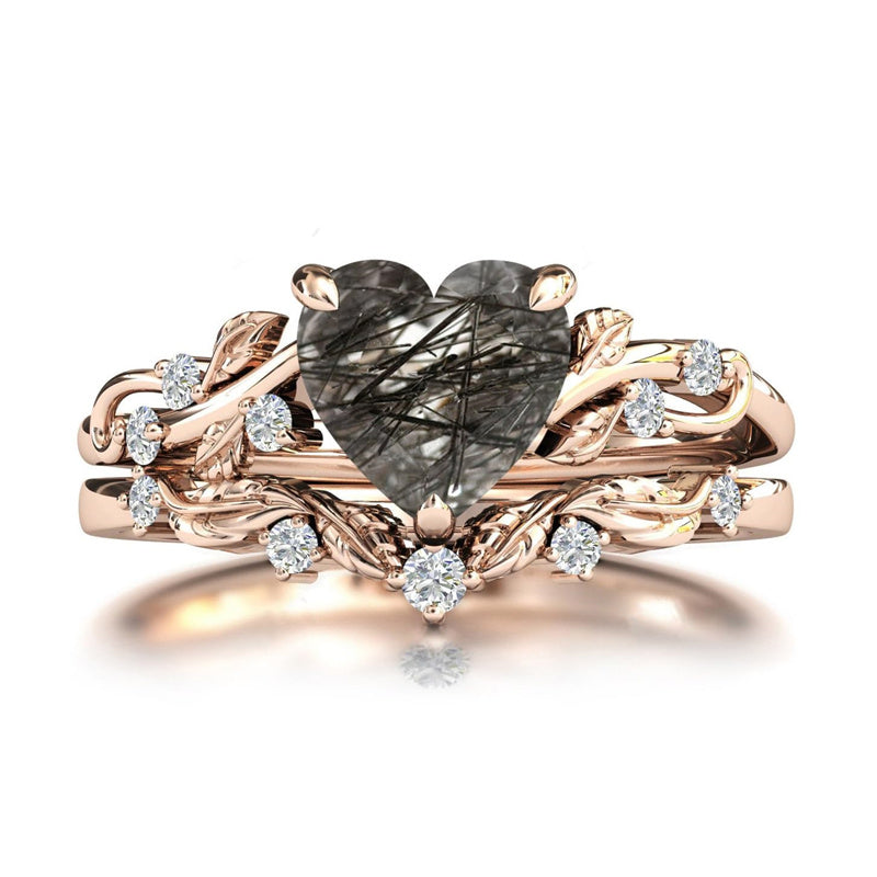 Sterling Silver 10K 14K 18K Gold Personalized Engraved Natural Heart Black Rutilated Quartz Engagement Ring Set