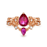 Sterling Silver 10K 14K 18K Gold Pear Cut Gemstone Leaf  Engagement Ring Set