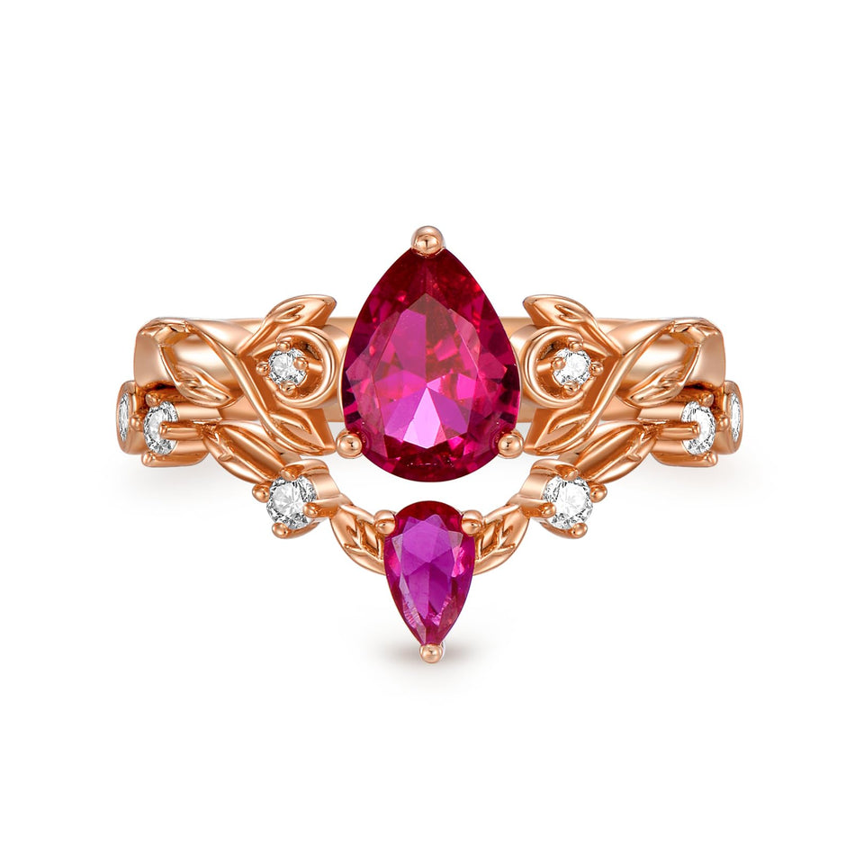 Sterling Silver 10K 14K 18K Gold Pear Cut Gemstone Leaf  Engagement Ring Set