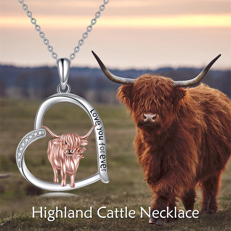 Sterling Silver Heart Highland Cow Pendant Necklace
