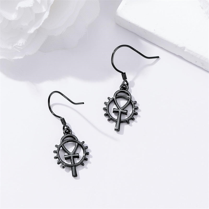 Sterling Silver Medieval Sword Dangle Cross Knives  Ankh Drop Earrings