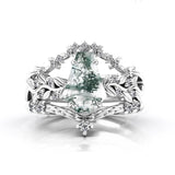 Sterling Silver Personalized Engraved Hexagon Moss Agate Engagement Black Ring Set Bridal Rings Set