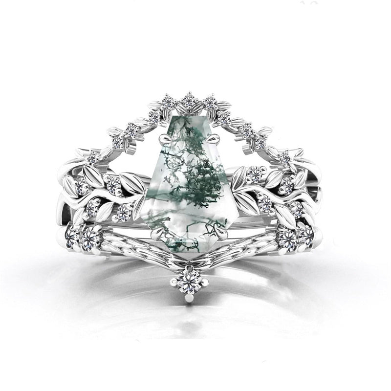 Sterling Silver Personalized Engraved Hexagon Moss Agate Engagement Black Ring Set Bridal Rings Set