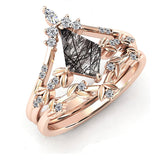 Sterling Silver 10K 14K 18K Personalized Engraved 2CT Natural Black Rutilated Quartz Engagement Ring Set