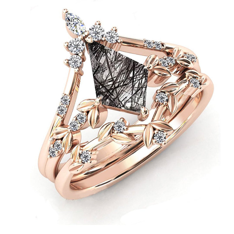 Sterling Silver 10K 14K 18K Personalized Engraved 2CT Natural Black Rutilated Quartz Engagement Ring Set