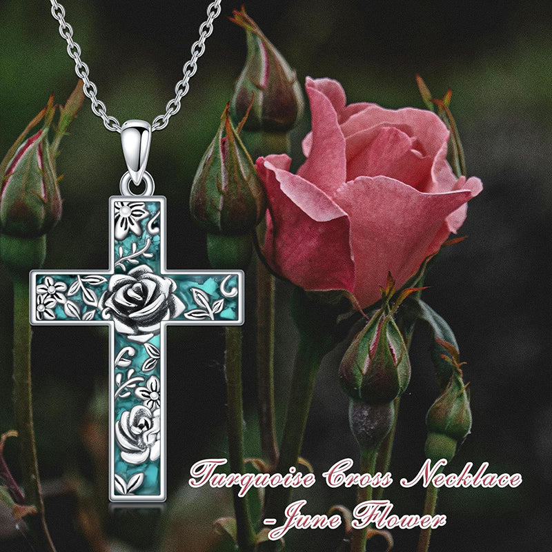 Sterling Silver Turquoise Personalized Engraved 12 Month Birth Flower Cross Pendant Necklace