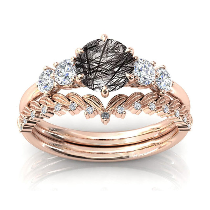 Sterling Silver 10K 14K 18K Personalized Engraved 2CT Natural Black Rutilated Quartz Engagement Ring Set