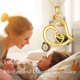 14K Gold Heart Mother Child Pendant Necklace