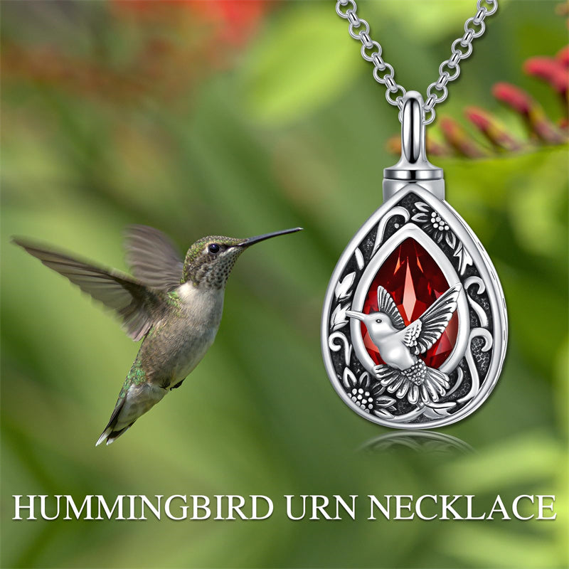 Sterling Silver Personalized Red Cubic Zirconia Butterfly Hummingbird Urn Necklace for Ashes