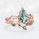 Sterling Silver 10K 14K 18K Gold  Personalized  Engraved Natural Moss Agate Engagement Bridal Wedding Ring Set