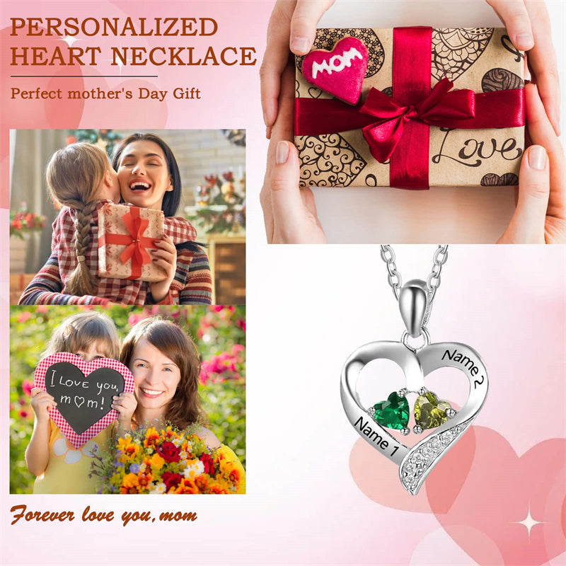 10K 14K 18K Gold Personalized 2 Birthstone Engravd Heart Pendant Necklace