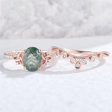 Sterling Silver 10K 14K 18K Gold  Personalized  Engraved Natural Moss Agate Engagement Bridal Wedding Ring Set