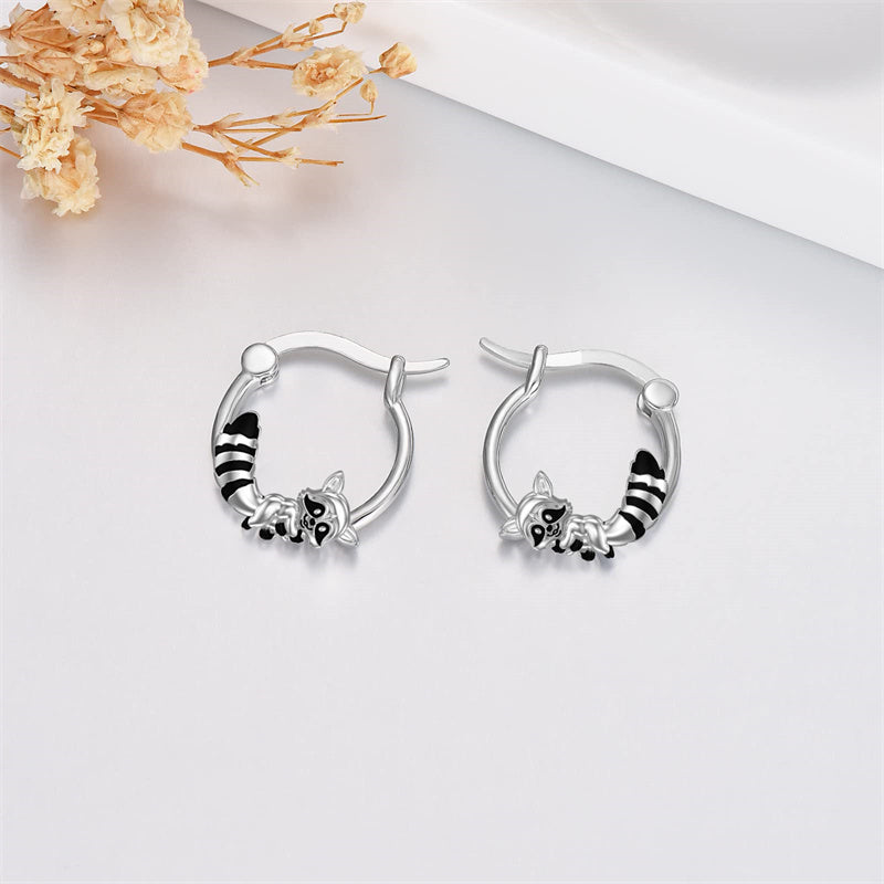 Sterling Silver Raccoon Cat Hoop Earrings
