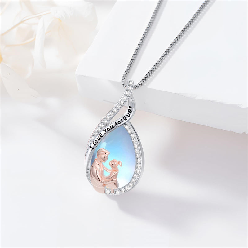 Sterling Silver Moonstone Father-Daughter Pendant Necklace Engraved with I Love You Forever