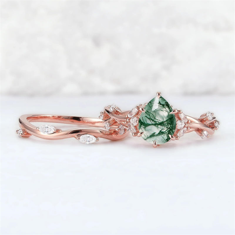 Sterling Silver 10K 14K 18K Gold  Personalized  Engraved Natural Moss Agate Engagement Bridal Wedding Ring Set