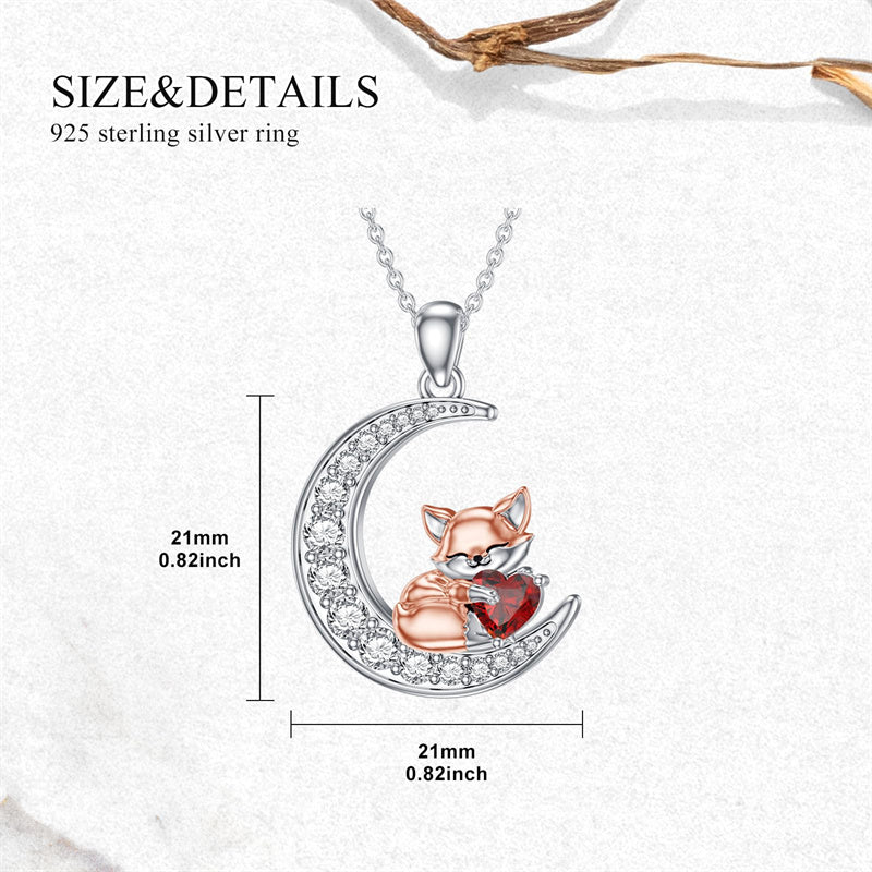 Sterling Silver  Birthstone Fox Moon Pendant Necklace