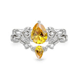 Sterling Silver 10K 14K 18K Gold Pear Cut Gemstone Leaf  Engagement Ring Set