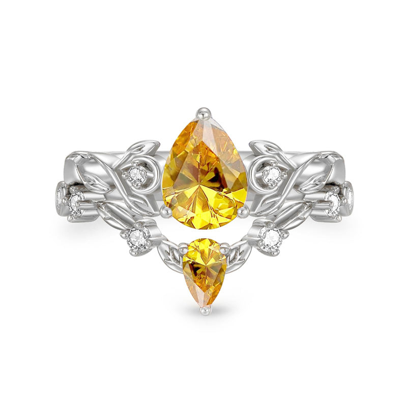 Sterling Silver 10K 14K 18K Gold Pear Cut Gemstone Leaf  Engagement Ring Set