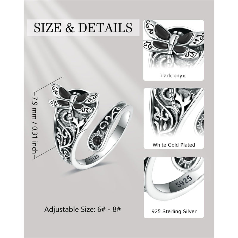 Sterling Silver Vintage Black Onyx Dragonfly Sunflower Spoon Ring and Turquoise Dragonfly Stud Earrings Set