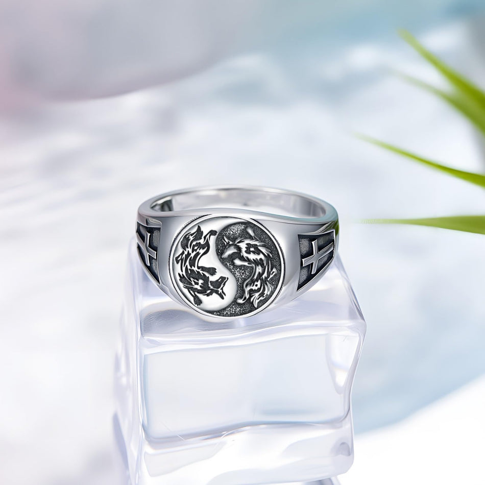 Sterling Silver Yin Yang Cross Wolf Ring for Men