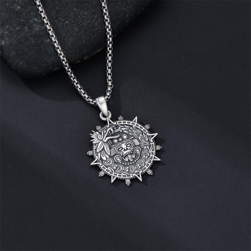 Sterling Silver Mictlantecuhtli Quetzalcoatl Tezcatlipoca Skull Pendant Necklace Aztec Jewelry For Men