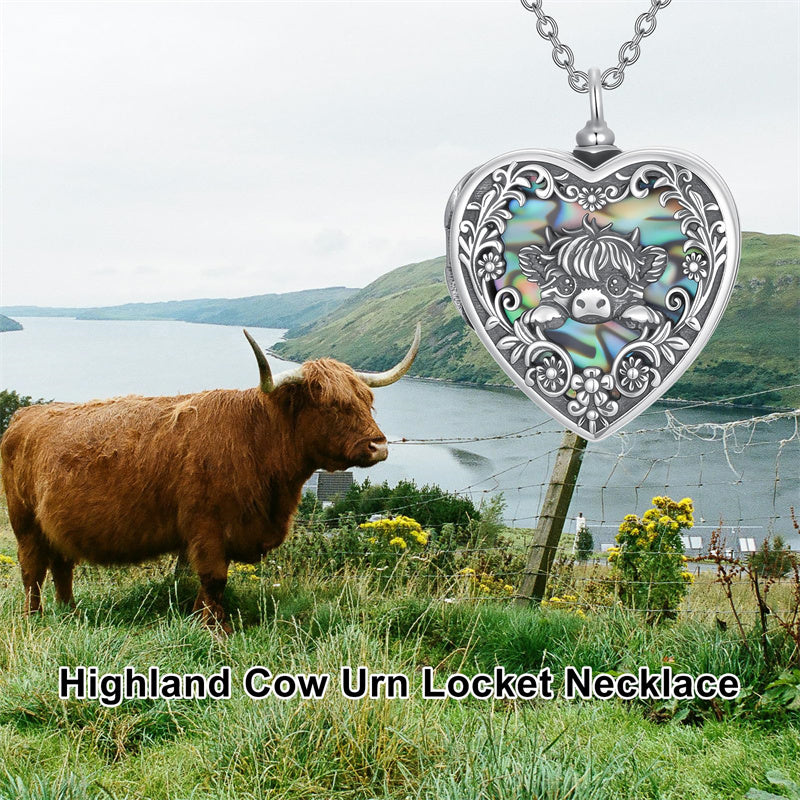 Sterling Silver Heart Abalone Shell Personalized Highland Cow Urn Necklace for Ashes
