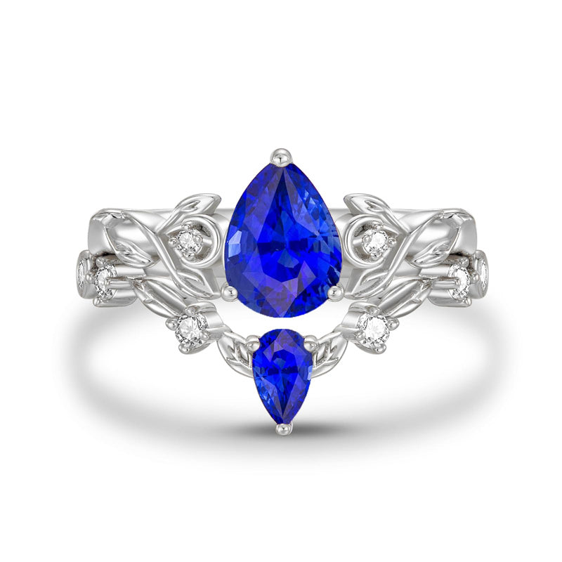 Sterling Silver 10K 14K 18K Gold Pear Cut Gemstone Leaf  Engagement Ring Set