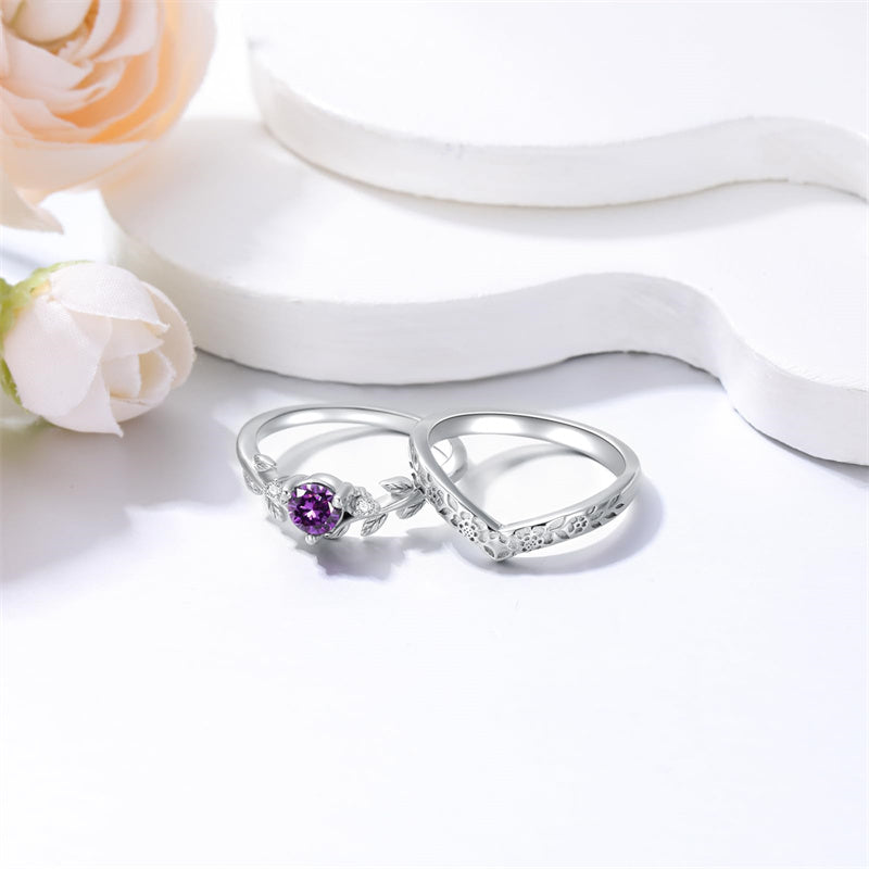 Sterling Silver Round Amethyst  Leaf Engagement Rings Set for Women