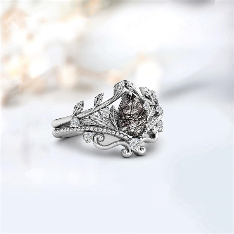 Sterling Silver 10K 14K 18K Personalized Engraved 2CT Natural Black Rutilated Quartz Engagement Ring Set