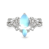 Sterling Silver 10K 14K 18K Gold Pear Cut Gemstone Leaf  Engagement Ring Set