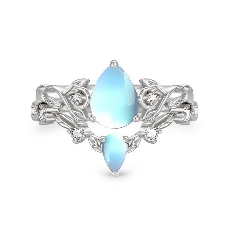 Sterling Silver 10K 14K 18K Gold Pear Cut Gemstone Leaf  Engagement Ring Set