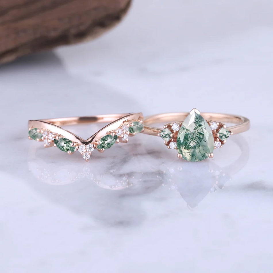 Sterling Silver 10K 14K 18K Gold  Personalized  Engraved Natural Moss Agate Engagement Bridal Wedding Ring Set