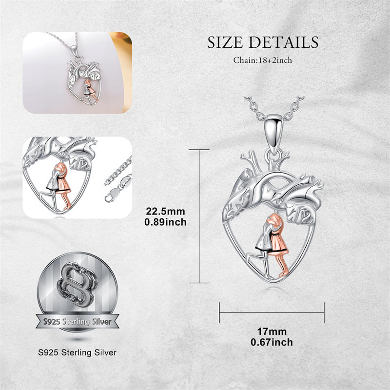Sterling Silver Anatomical Heart Father Mother Daughter Sister Mother Daughter Pendant Necklace