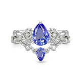 Sterling Silver 10K 14K 18K Gold Pear Cut Gemstone Leaf  Engagement Ring Set