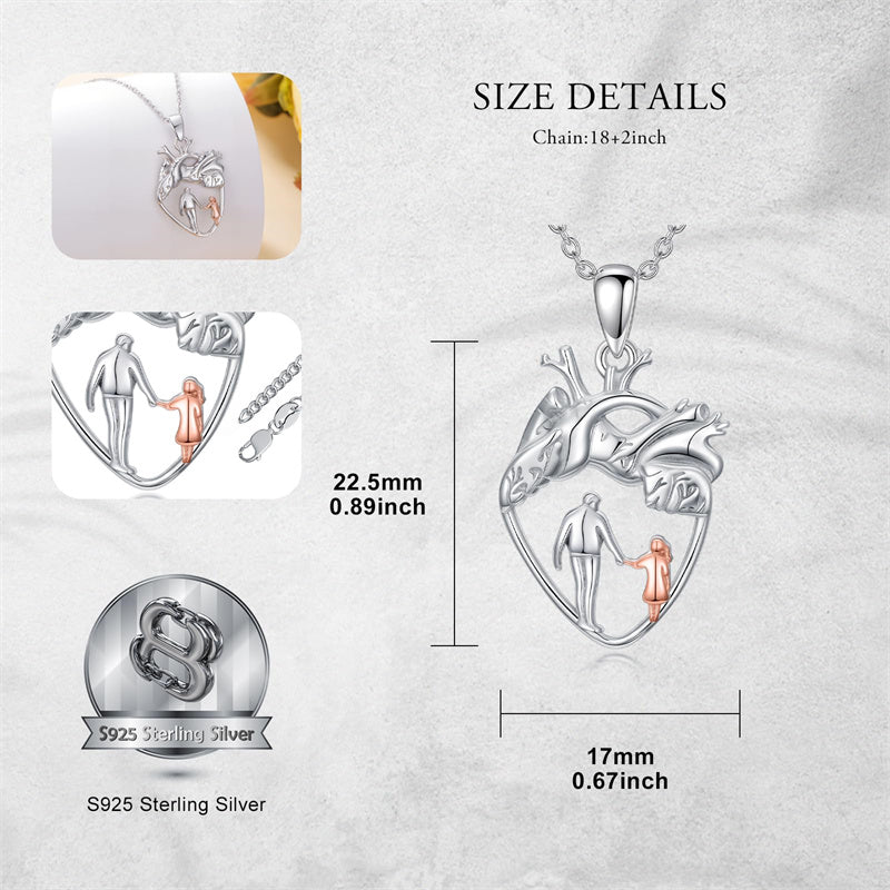 Sterling Silver Anatomical Heart Father Mother Daughter Sister Mother Daughter Pendant Necklace