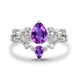 Sterling Silver 10K 14K 18K Gold Pear Cut Gemstone Leaf  Engagement Ring Set