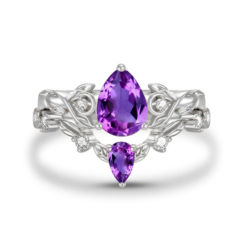 Sterling Silver 10K 14K 18K Gold Pear Cut Gemstone Leaf  Engagement Ring Set