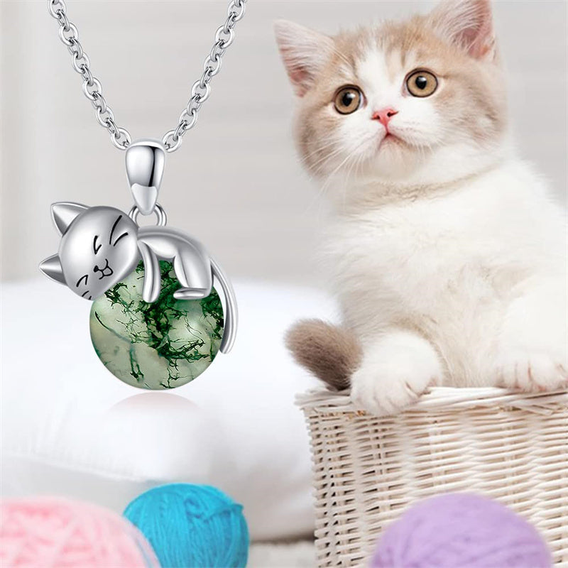 Sterling Silver Turquoise Larimar Labradorite Moss Agate Blue Sandstone  Cat Pendant Necklace