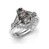 Sterling Silver 10K 14K 18K Personalized Engraved 2CT Natural Black Rutilated Quartz Engagement Ring Set