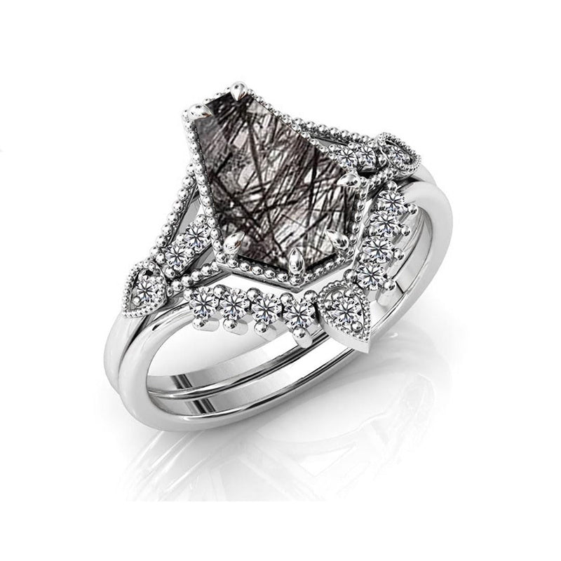 Sterling Silver 10K 14K 18K Personalized Engraved 2CT Natural Black Rutilated Quartz Engagement Ring Set