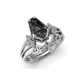 Sterling Silver 10K 14K 18K Personalized Engraved 2CT Natural Black Rutilated Quartz Engagement Ring Set