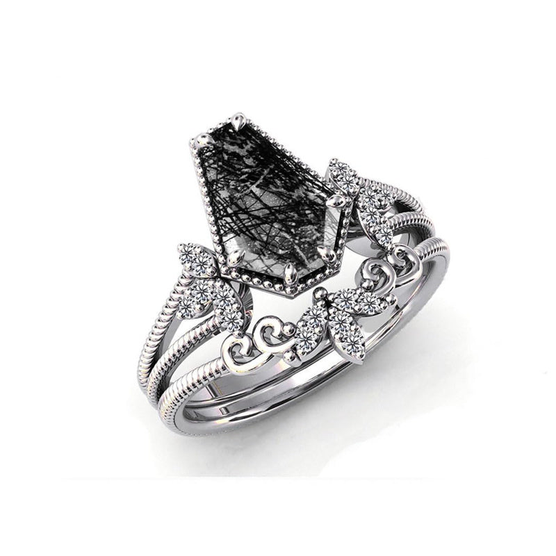 Sterling Silver 10K 14K 18K Personalized Engraved 2CT Natural Black Rutilated Quartz Engagement Ring Set