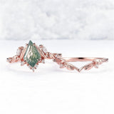 Sterling Silver 10K 14K 18K Gold  Personalized  Engraved Natural Moss Agate Engagement Bridal Wedding Ring Set