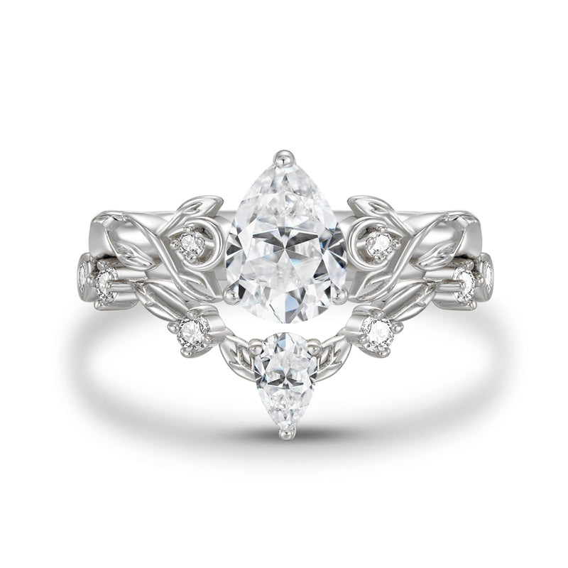 Sterling Silver 10K 14K 18K Gold Pear Cut Gemstone Leaf  Engagement Ring Set