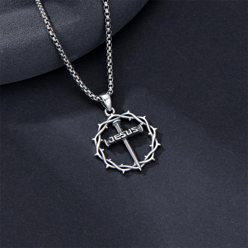 Sterling Silver Crown of Thorns Crucifix Cross Pendant Necklace for Men
