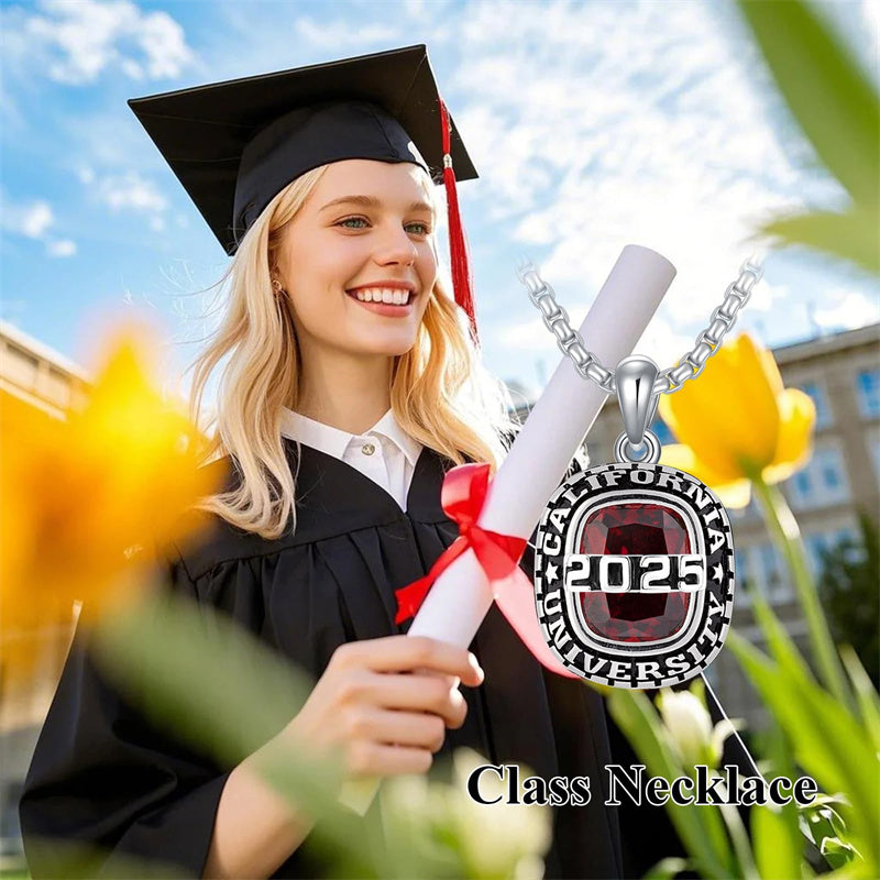 Sterling Silver 2025 Graduation Necklace Customized Text and Birthstone Pendant Necklace