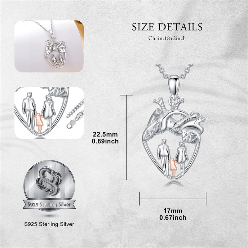 Sterling Silver Anatomical Heart Father Mother Daughter Sister Mother Daughter Pendant Necklace