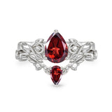 Sterling Silver 10K 14K 18K Gold Pear Cut Gemstone Leaf  Engagement Ring Set