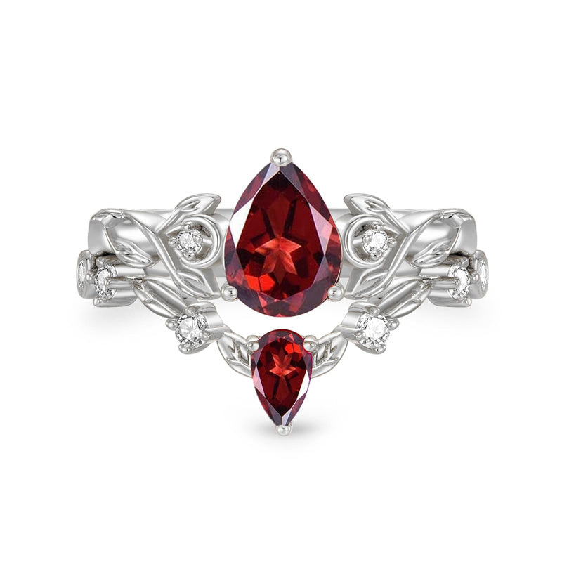 Sterling Silver 10K 14K 18K Gold Pear Cut Gemstone Leaf  Engagement Ring Set