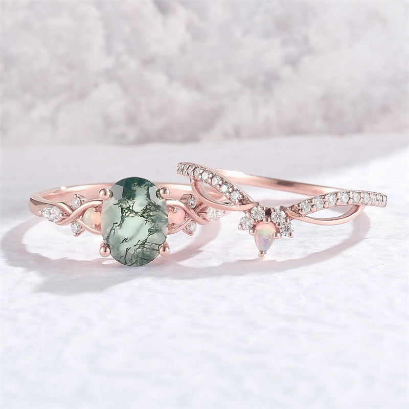 Sterling Silver 10K 14K 18K Gold  Personalized  Engraved Natural Moss Agate Engagement Bridal Wedding Ring Set